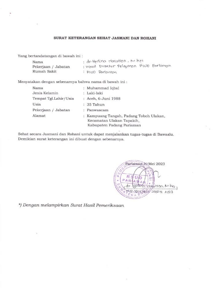 Surat Keterangan Sehat Jasmani Dan Rohani - Muhammad Iqbal | PDF