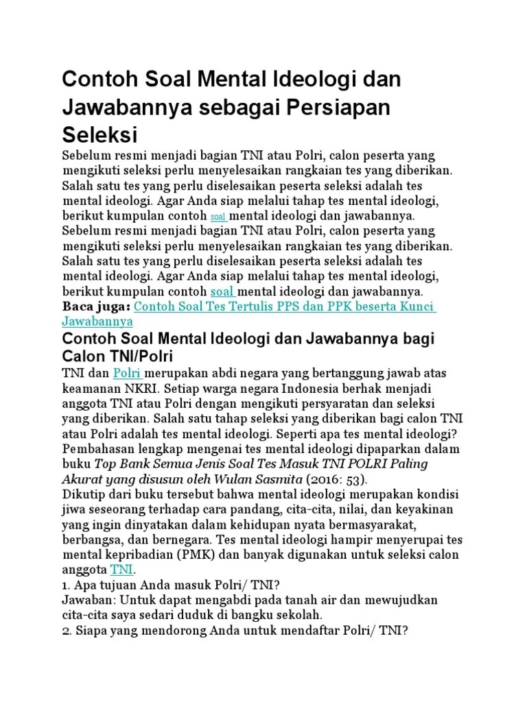 Contoh Soal Mental Ideologi Dan Jawabannya Sebagai Persiapan Seleksi | PDF