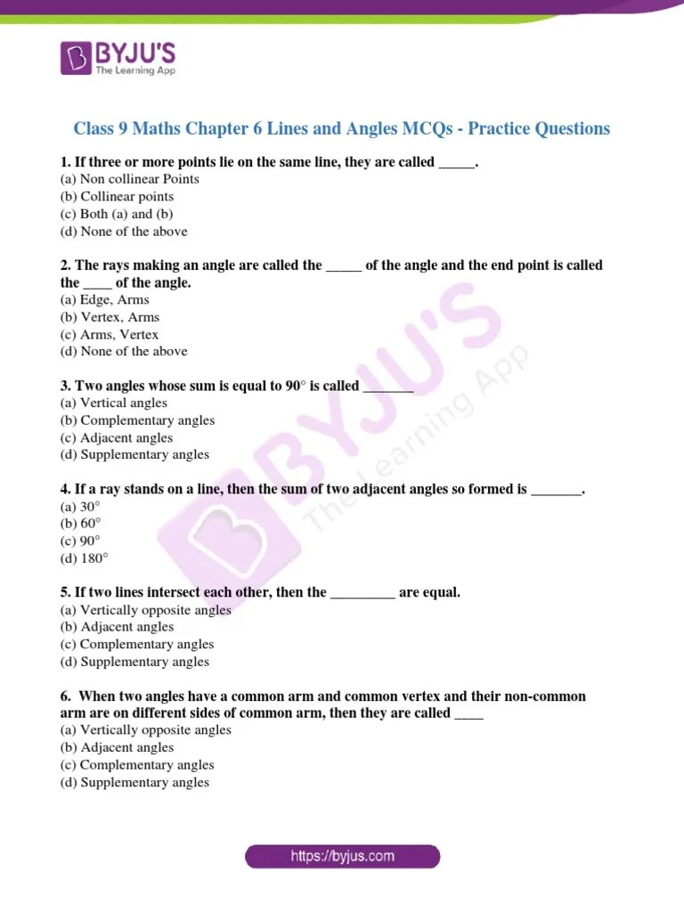 Class 9 Maths Chapter 6 Lines And Angles MCQs | PDF