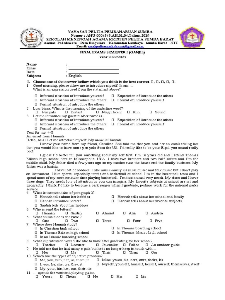 Soal PAS Bahasa Inggris Kelas X Semester 1 | PDF | Grammatical Tense | Linguistics