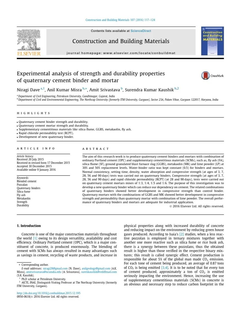 2016 Experimental Analysis Of Strength And Durability Properties Of Quaternary Cement Binder And ...