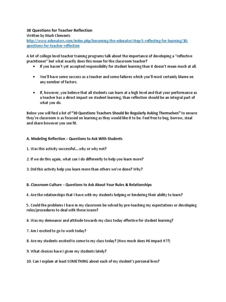 30 Questions For Teacher Reflection | PDF | Teachers | Educational ...