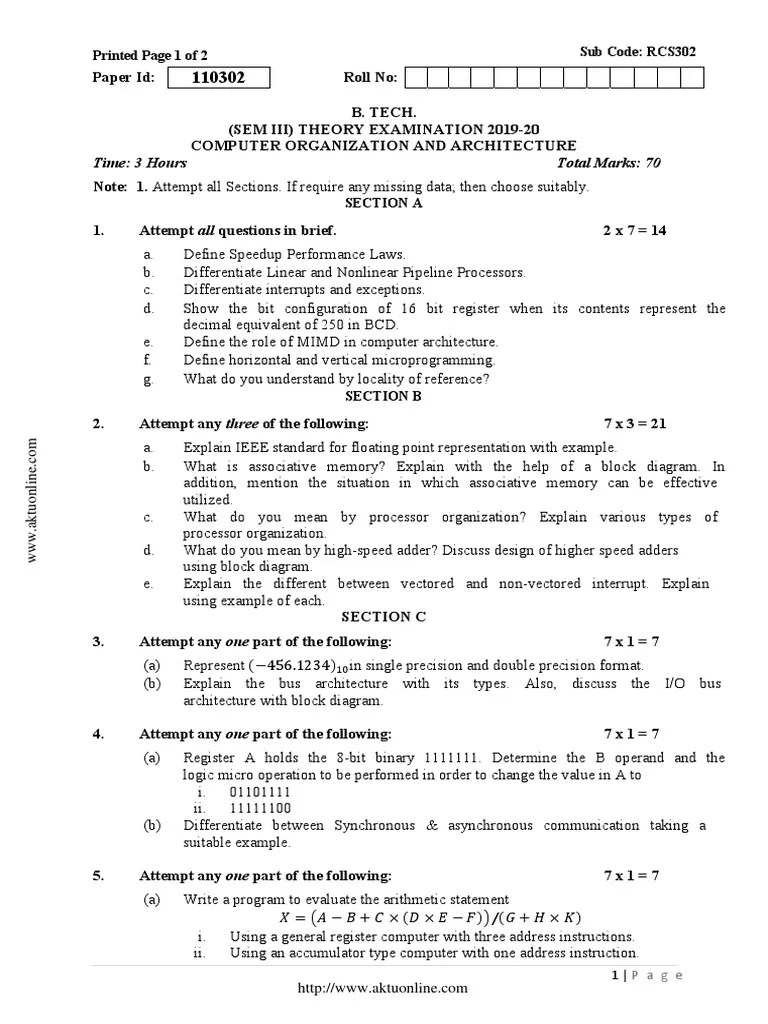 Btech Cs 3 Sem Computer Organization And Architecture Rcs302 2020 | PDF | Manufactured Goods ...