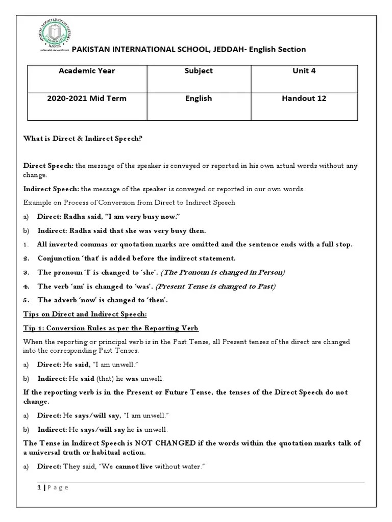 U 4 Handout 12 Direct & Indirect Speech | PDF | Comma | Linguistic Typology