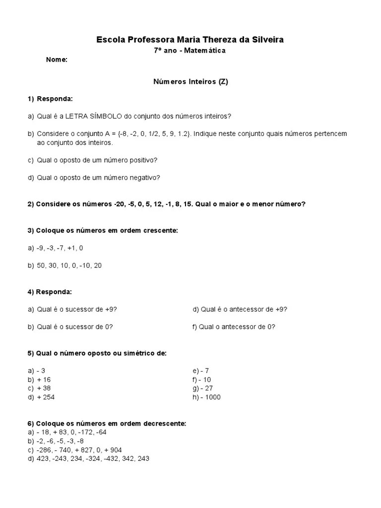 Atividades Aula De Matemática 7º Ano (1) | PDF | Álgebra Abstrata | Números