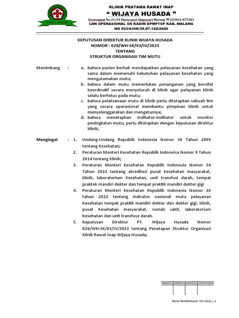 Struktur Organisasi TIm Mutu Klinik Wijaya Husada | PDF