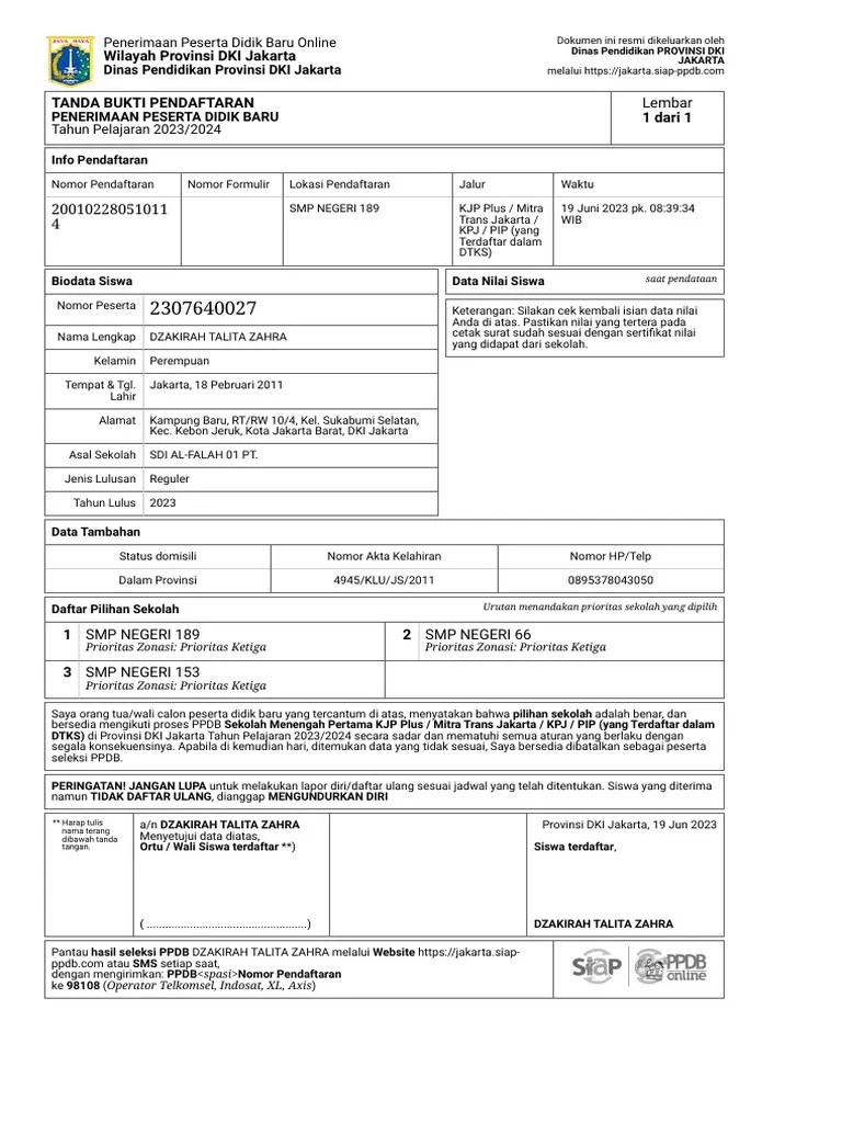 Tanda Bukti Pendaftaran - 2307640027 - Dzakirah Talita Zahra | PDF