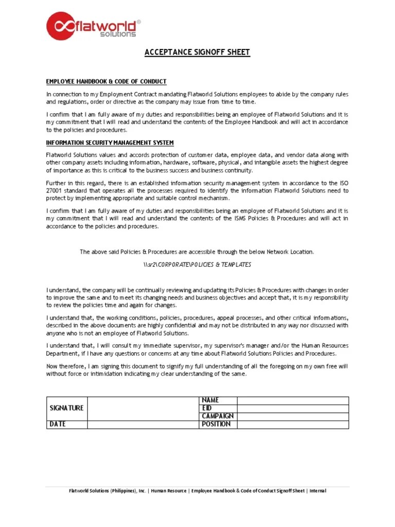 EE Handbook & COC Acceptance Form | PDF | Information Security | Employment