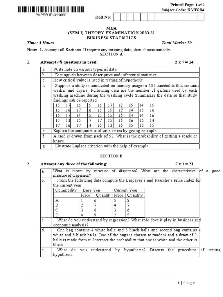 Mba 1 Sem Business Statistics Rmb104 2021 | PDF | Statistics ...