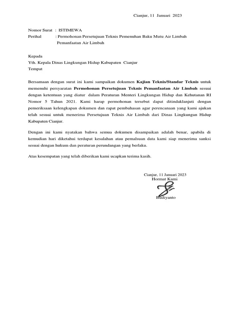 Surat Permohonan Pengajuan Persetujuan Teknis Air Limbah.. | PDF