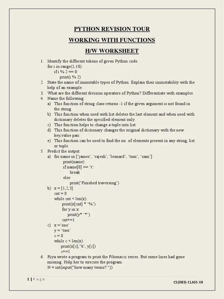 Python Revision Tour Functions HW Worksheet 2 12E | PDF | Data Type ...