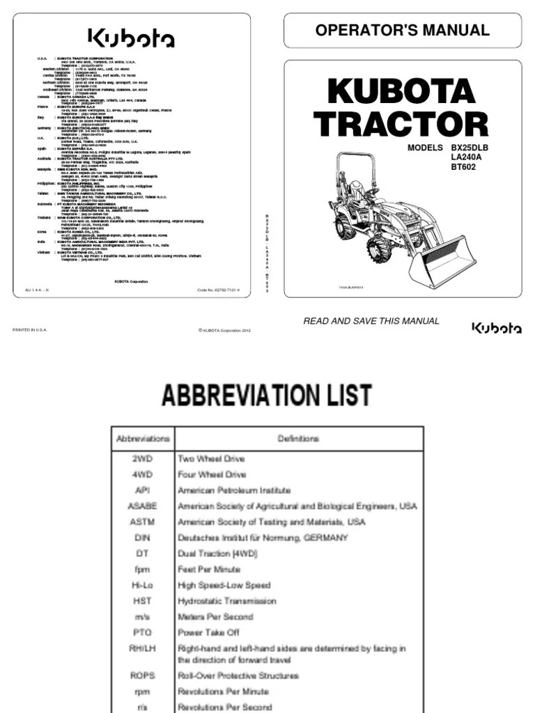 Kubota Operator Manual BX25DLB LA240A BT602 | PDF | Tractor | Loader (Equipment)
