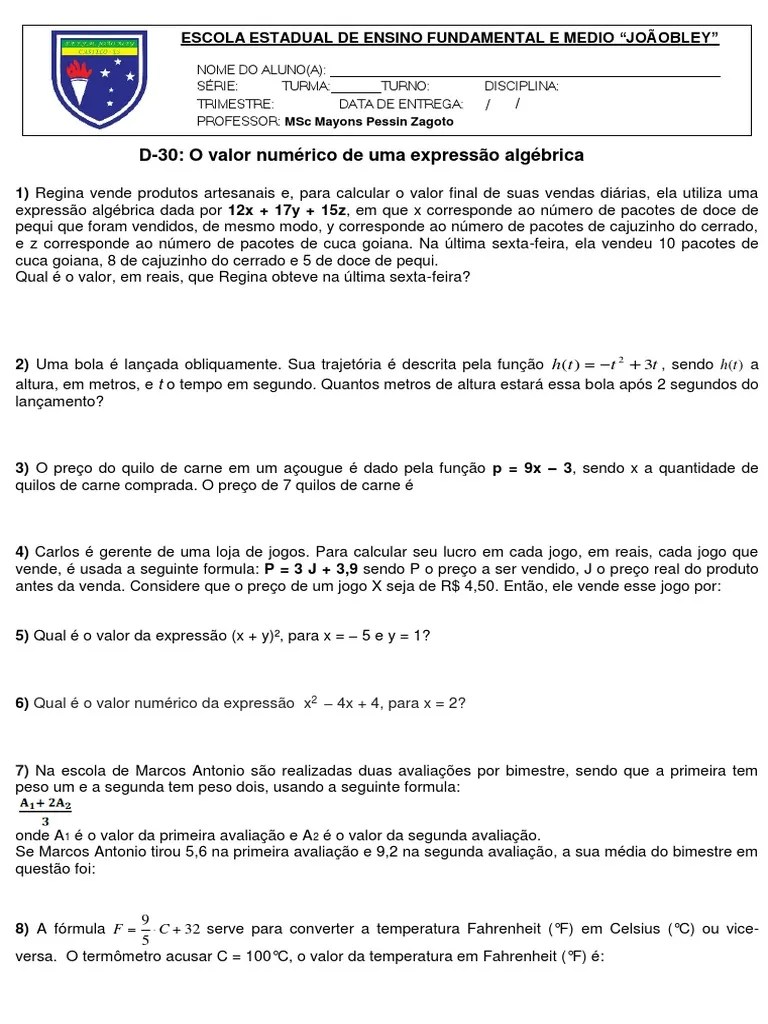 O Valor Numérico De Uma Expressão Algébrica | PDF | Pé (unidade De Medida) | Fahrenheit
