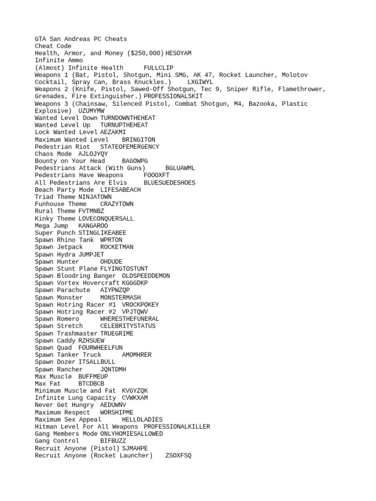 GTA San Andreas PC Cheat Codes List PDF Ballistics Projectile Weapons 1