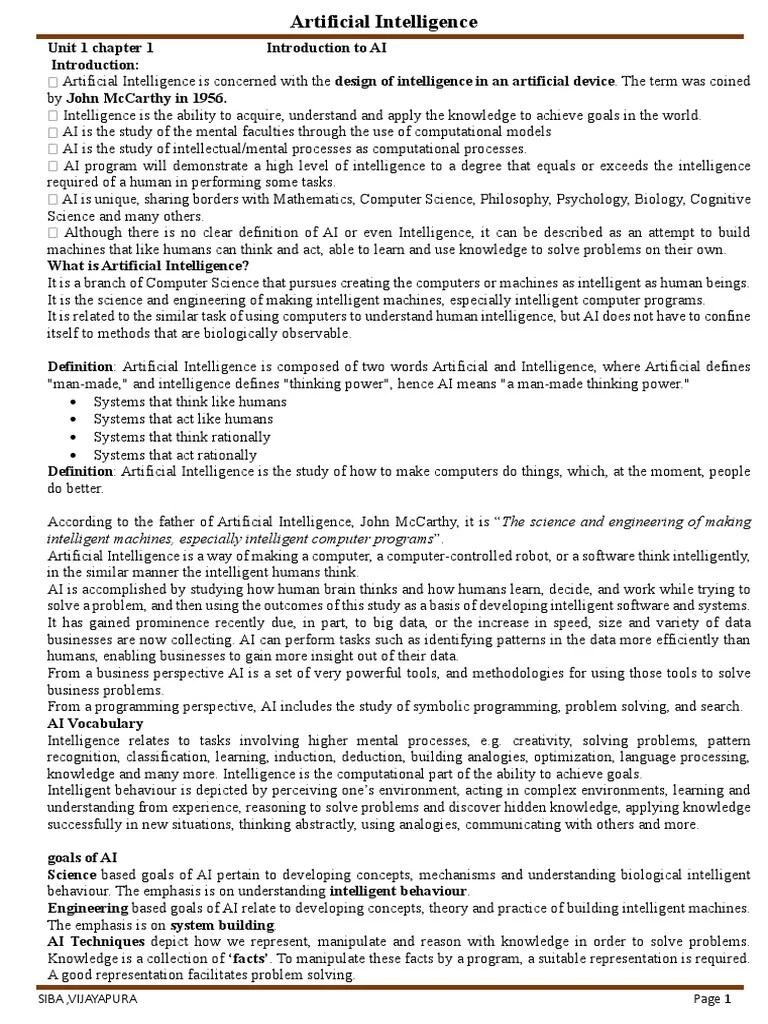 Artificial Intelligence Unit 1 Notes | PDF | Artificial Intelligence ...