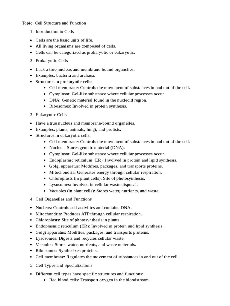 Biology Class Notes: Cell Structure And Function | PDF