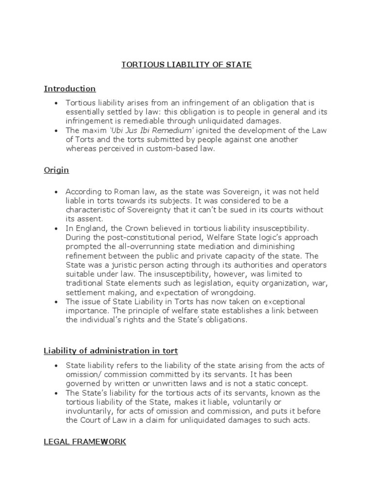 Tortious Liability Of State | Download Free PDF | Tort | Legal Liability