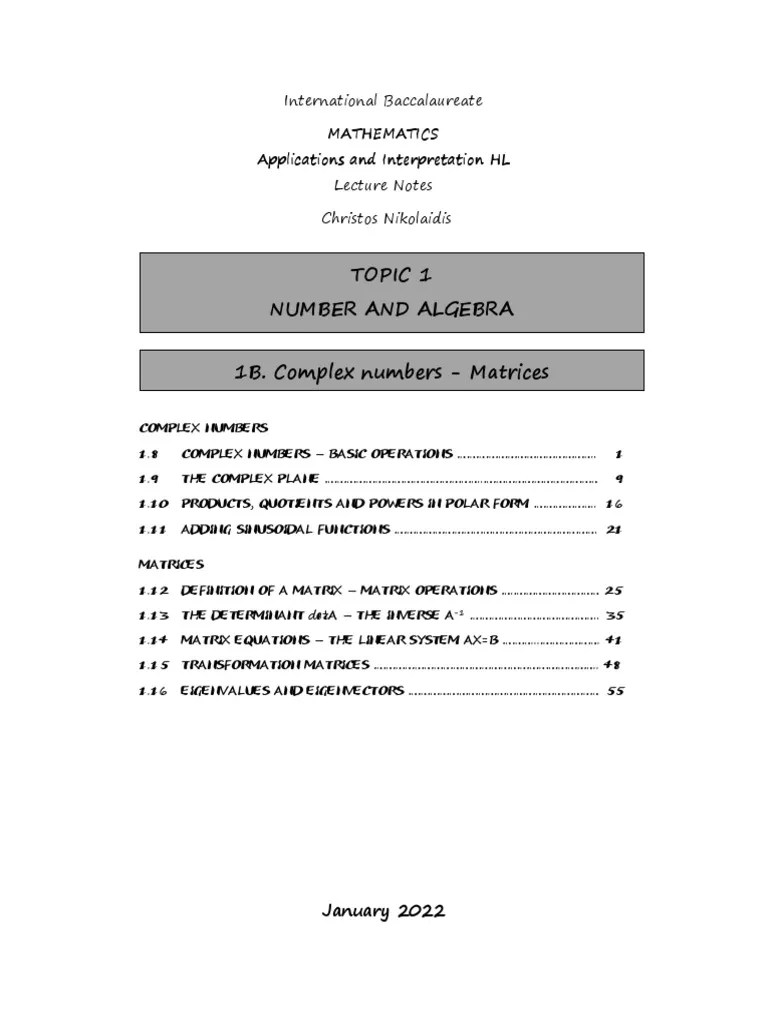 Topic 1B. Complex Numbers - Matrices | PDF | Complex Number | Matrix ...