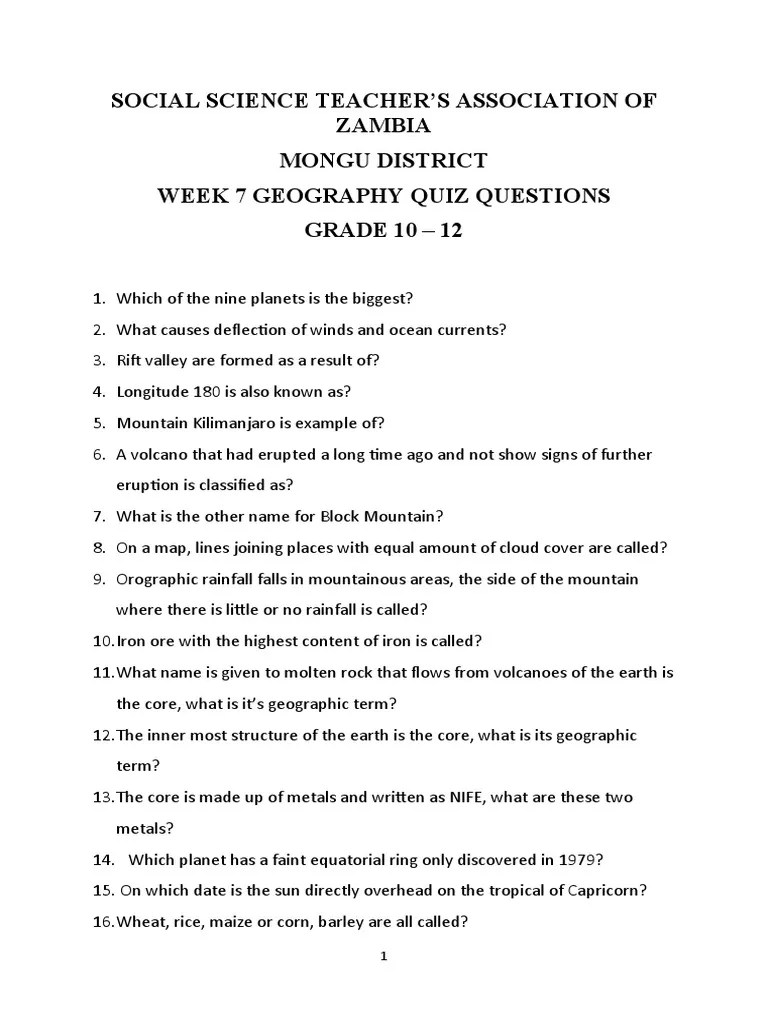 Geography Quiz Questions | PDF | Agriculture | Earth