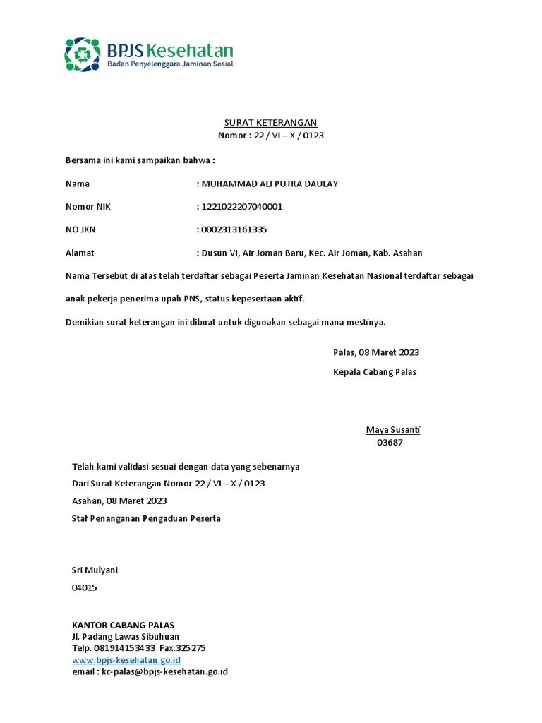 Surat Keterangan Bpjs | PDF