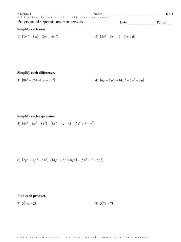 Polynomial Operations Worksheet | PDF | Algebra | Abstract Algebra
