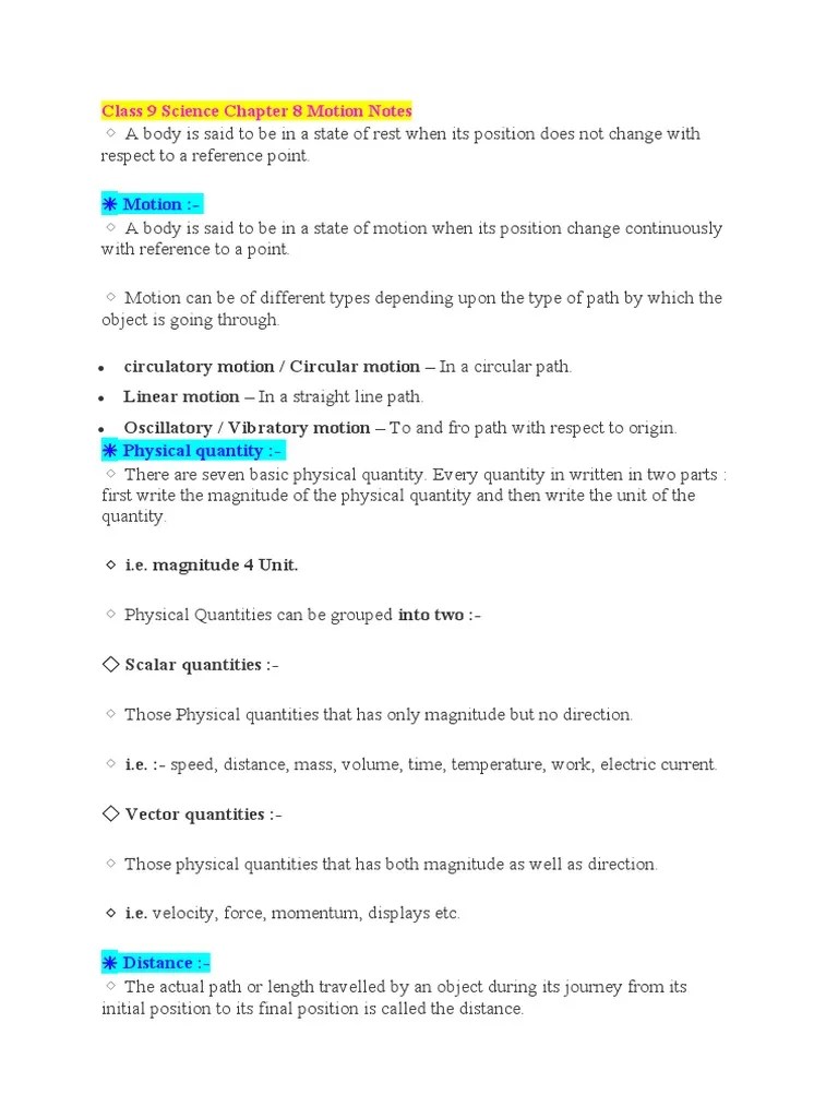 Class 9 Science Chapter 8 Motion Notes | PDF