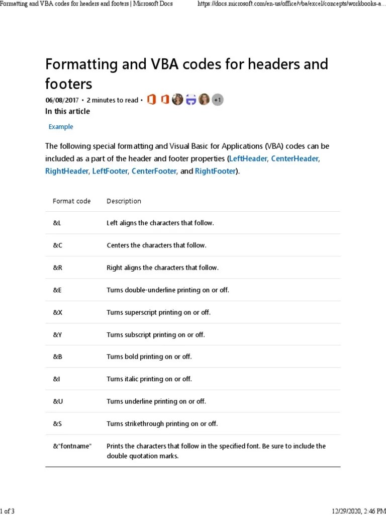 Formatting And VBA Codes For Headers And Footers - Microsoft Docs | PDF ...