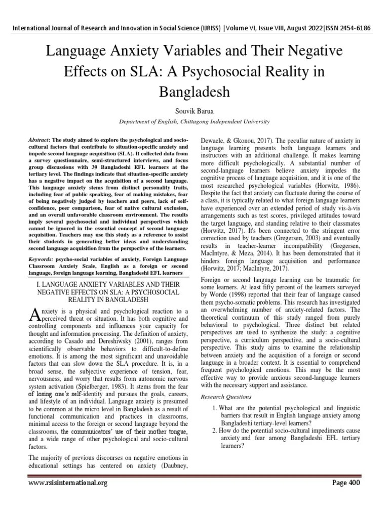 Language Anxiety Variables And Their Negative Effects On SLA: A Psychosocial Reality In ...