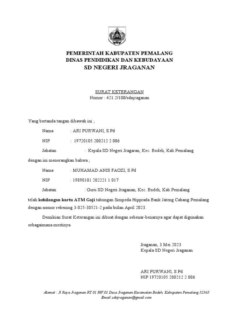 Surat Keterangan Kehilangan ATM | PDF