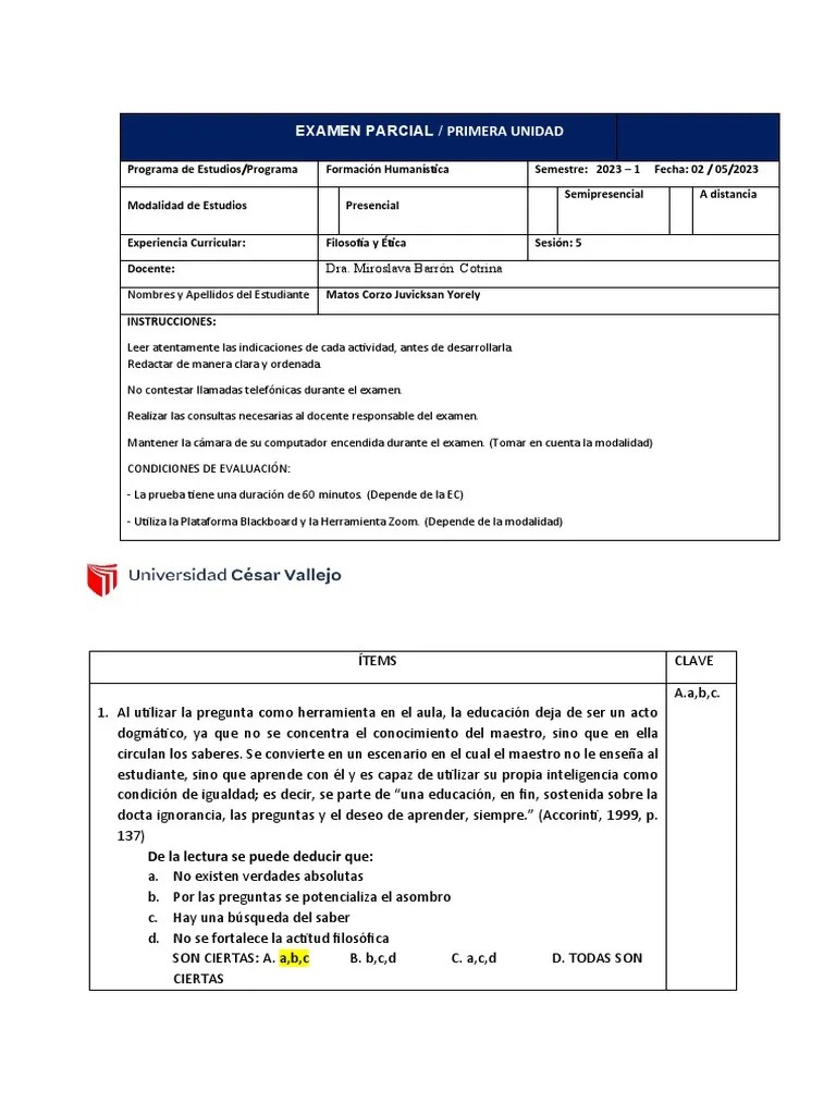 EXAMEN PARCIAL I - FILOSOFÍA Y ETICA - 2023 - 1 0k | PDF