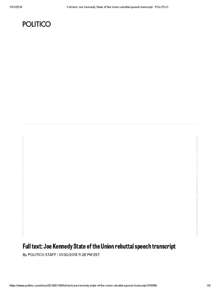 Full Text - Joe Kennedy State Of The Union Rebuttal Speech Transcript - POLITICO | PDF