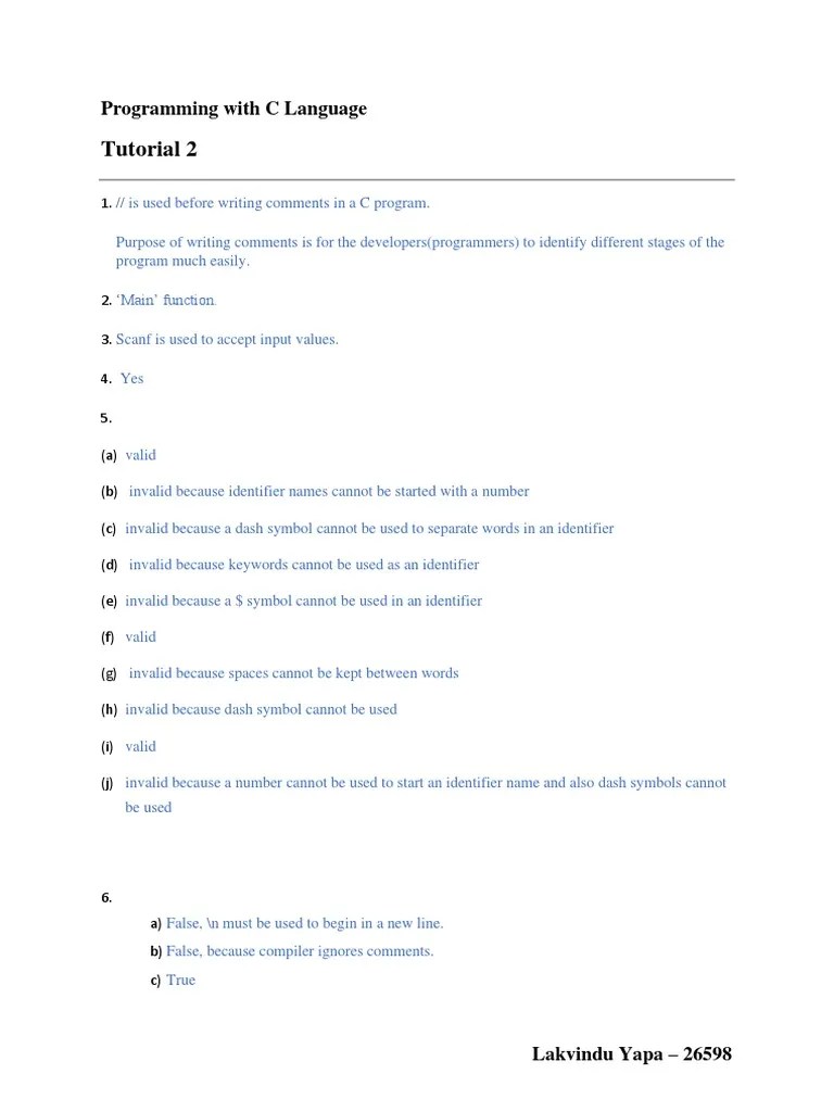 C Tutorial 2 Answers | PDF | C (Programming Language) | Boolean Data Type