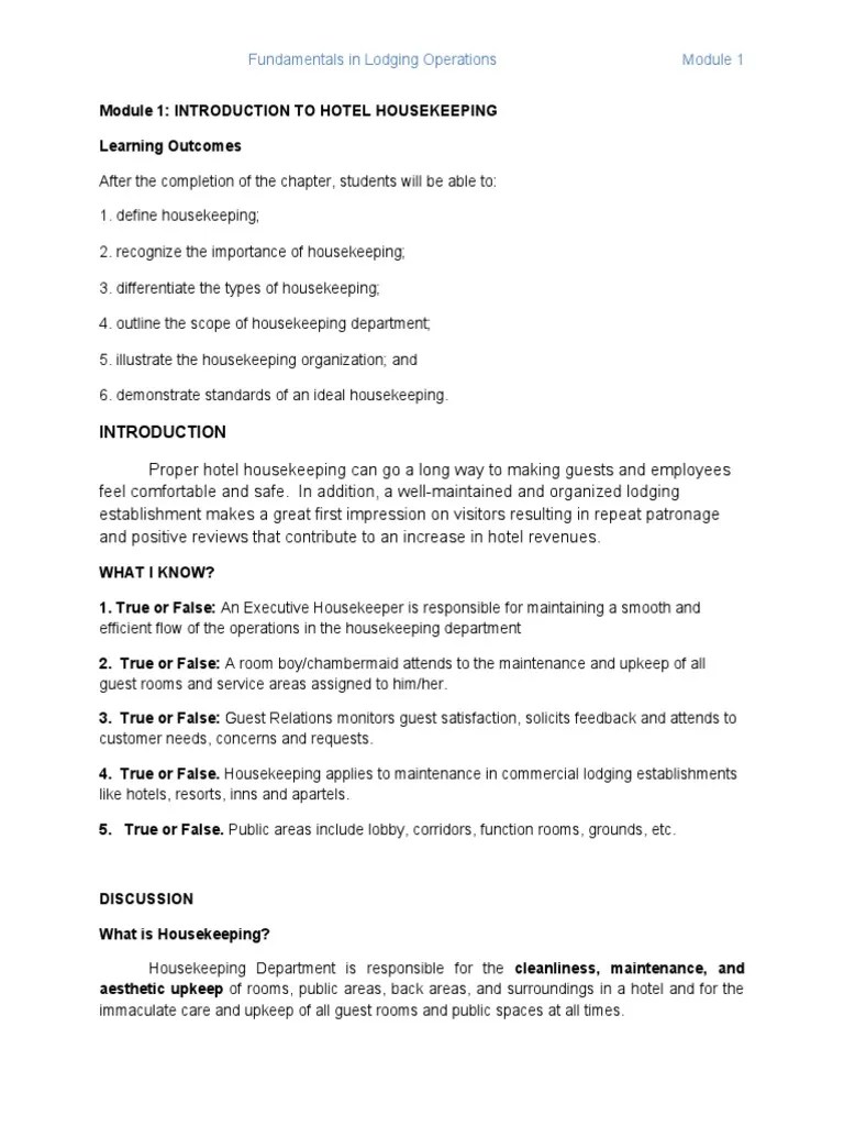 Housekeeping Module 1 | PDF | Housekeeping | Hotel