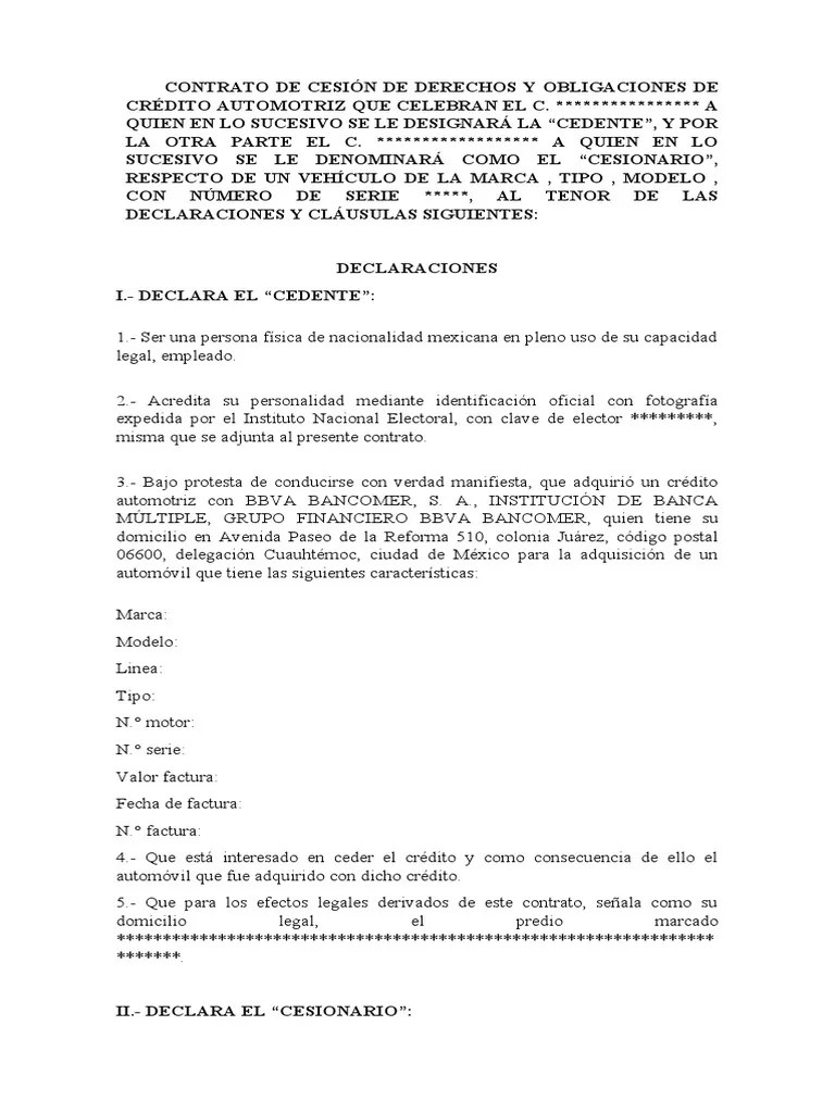 Cesion De Derechos Auto | PDF | Crédito | Finanzas Y Administración Del ...
