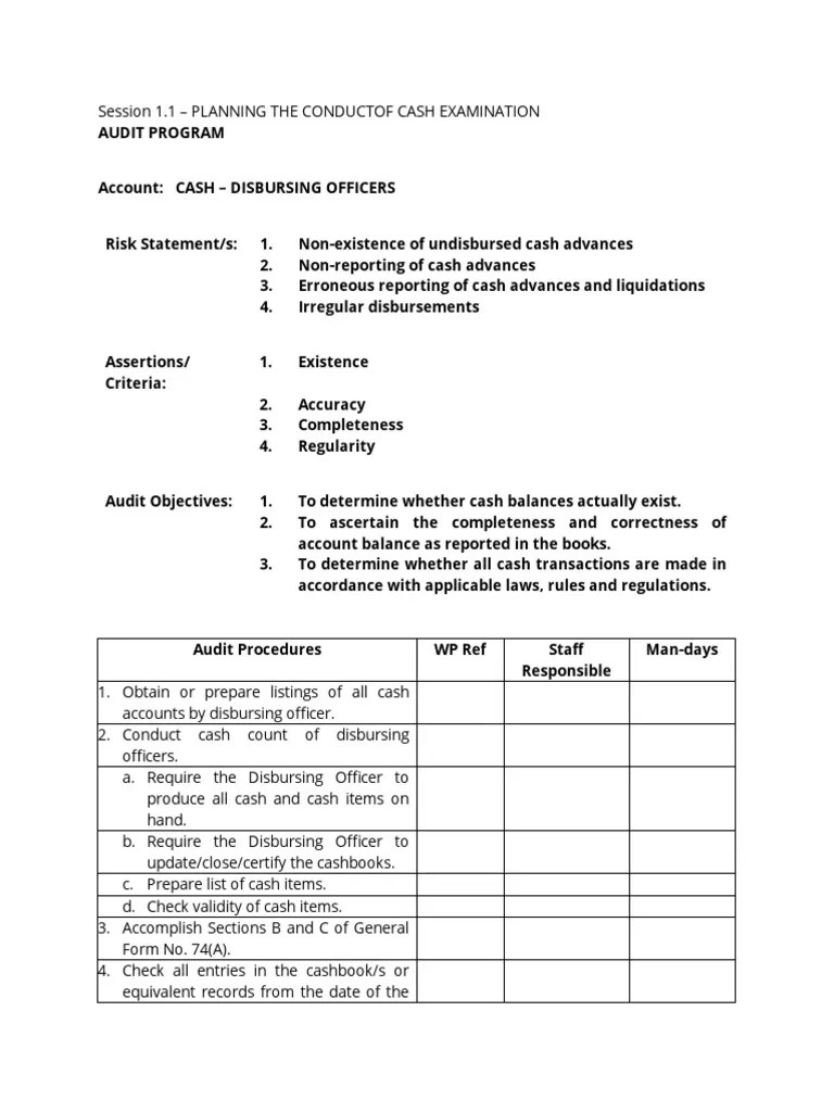 Sample Audit Program - Cash Disbursing Officers | PDF | Audit | Credit Card