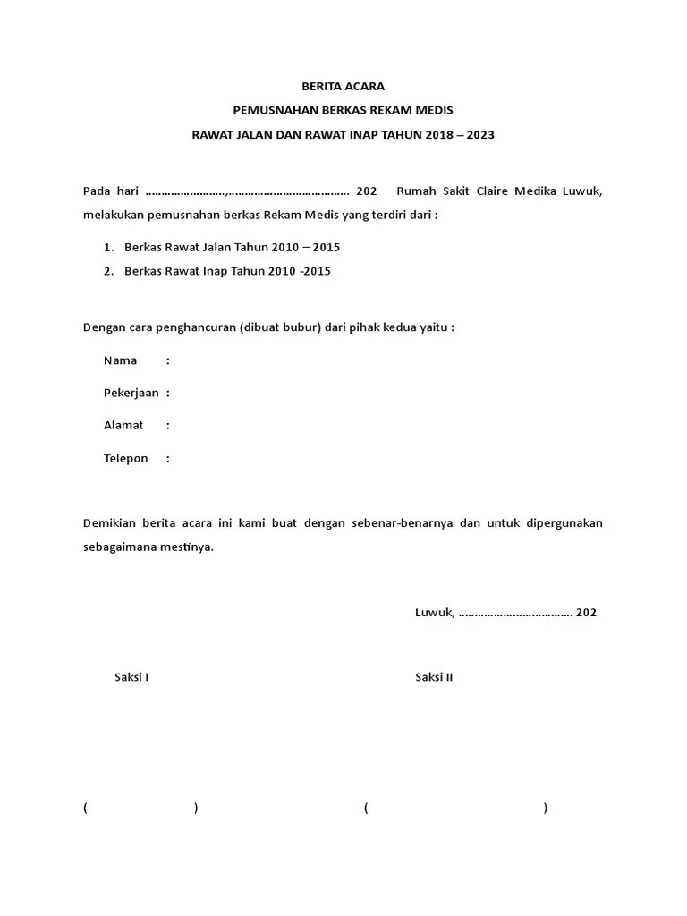 Berita Acara Pemusnahan Rekam Medis | PDF