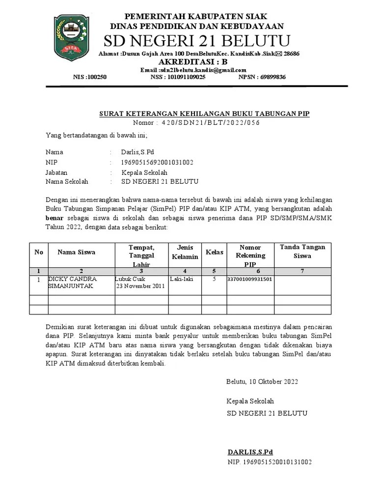 Surat Keterangan Kehilangan Buku Tabungan SimPel PIP | PDF