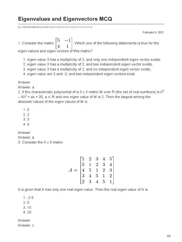 Eigenvalues And Eigenvectors MCQ | PDF | Eigenvalues And Eigenvectors ...
