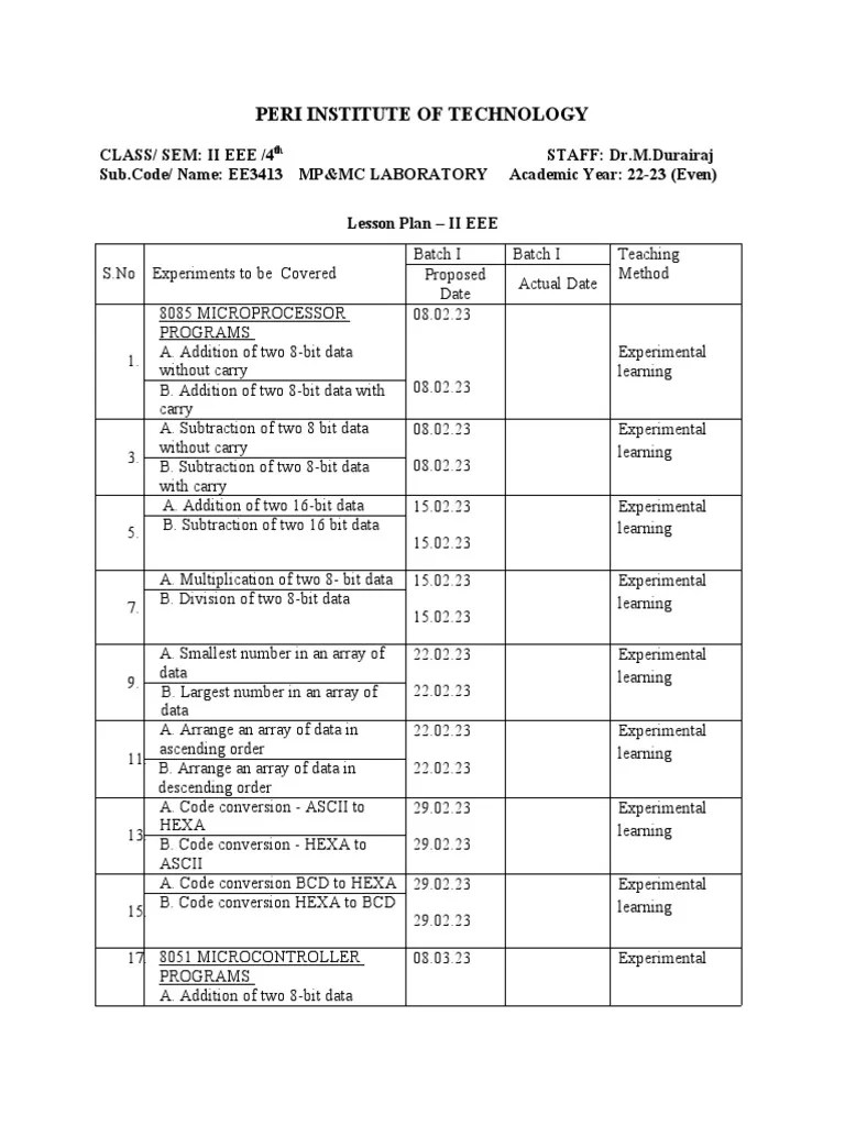 MPMC LAB (EE3413) Lesson Plan - II EEE | PDF | Microprocessor | Office ...