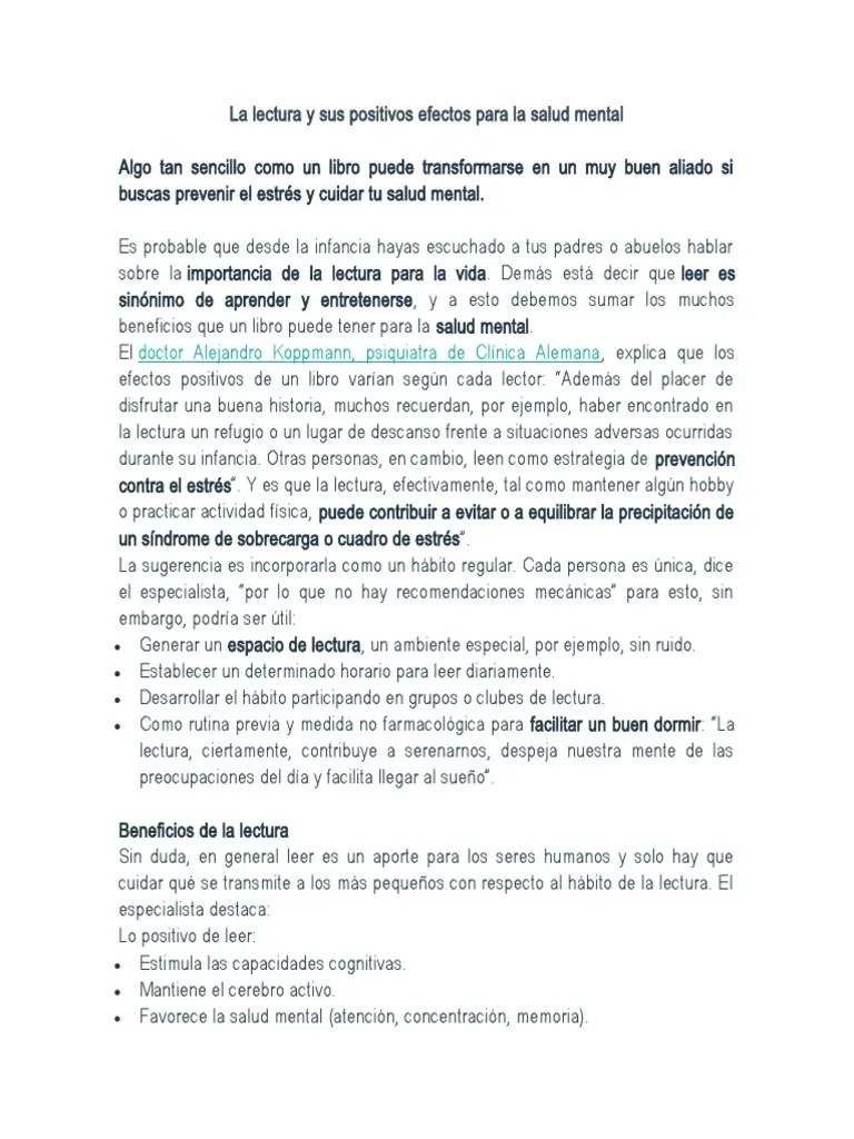 La Lectura Y Sus Positivos Efectos Para La Salud Mental | PDF | Estrés (biología) | Las Emociones