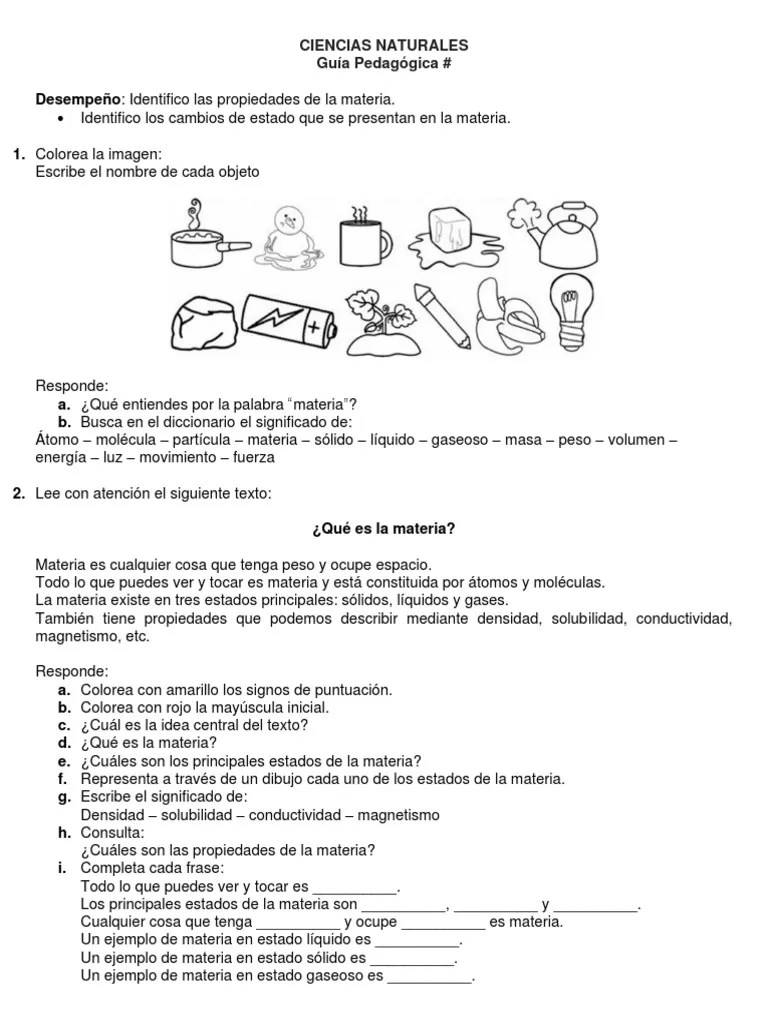 Guía Ciencias Naturales 4° Tema La Materia | PDF | Importar | Gases