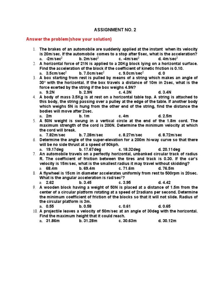 Assignment No 2 Dynamics Of Rigid Bodies | PDF | Force | Acceleration