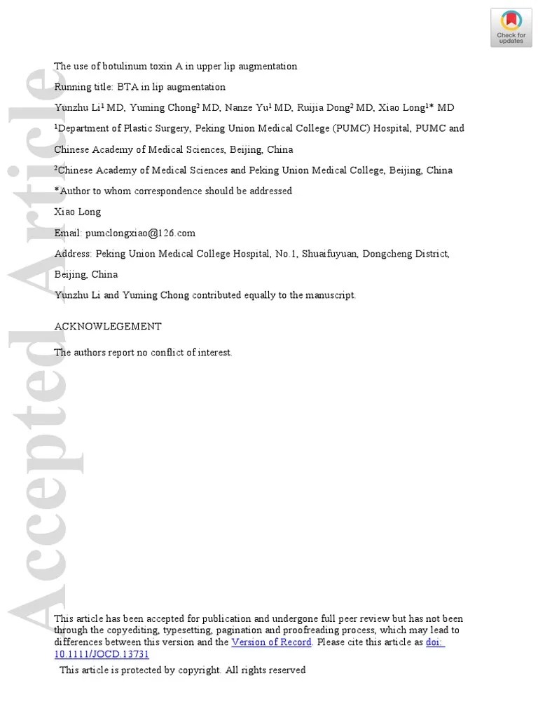 2020 The Use Of Botulinum Toxin A In Upper Lip Augmentation | PDF | Lip | Botulinum Toxin