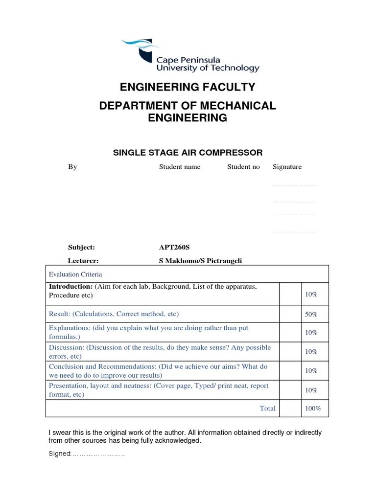 SINGLE STAGE AIR COMPRESSOR Lab | PDF | Piston | Engines