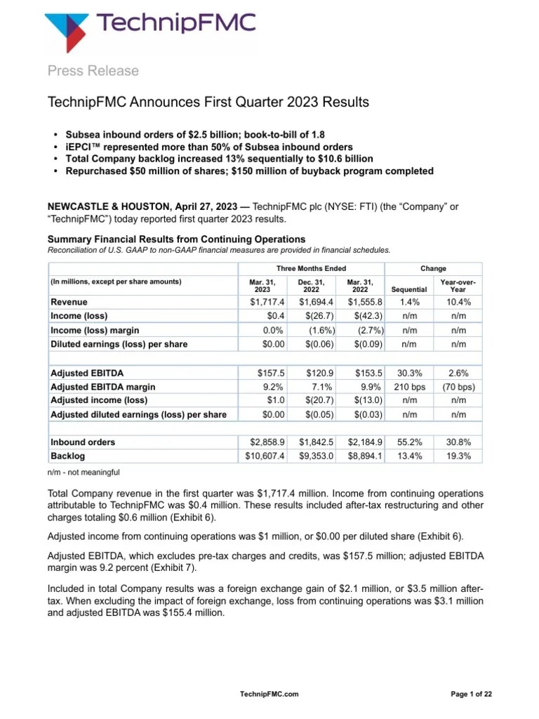 Technipfmc Q1 2023 Results Press Release | PDF | Expense | Economies