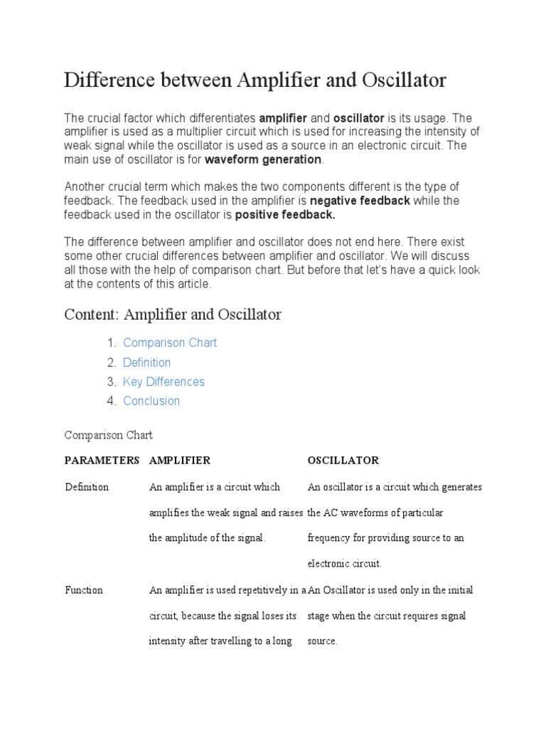 Difference Between Amplifier And Oscillator | PDF | Electronic Oscillator | Amplifier