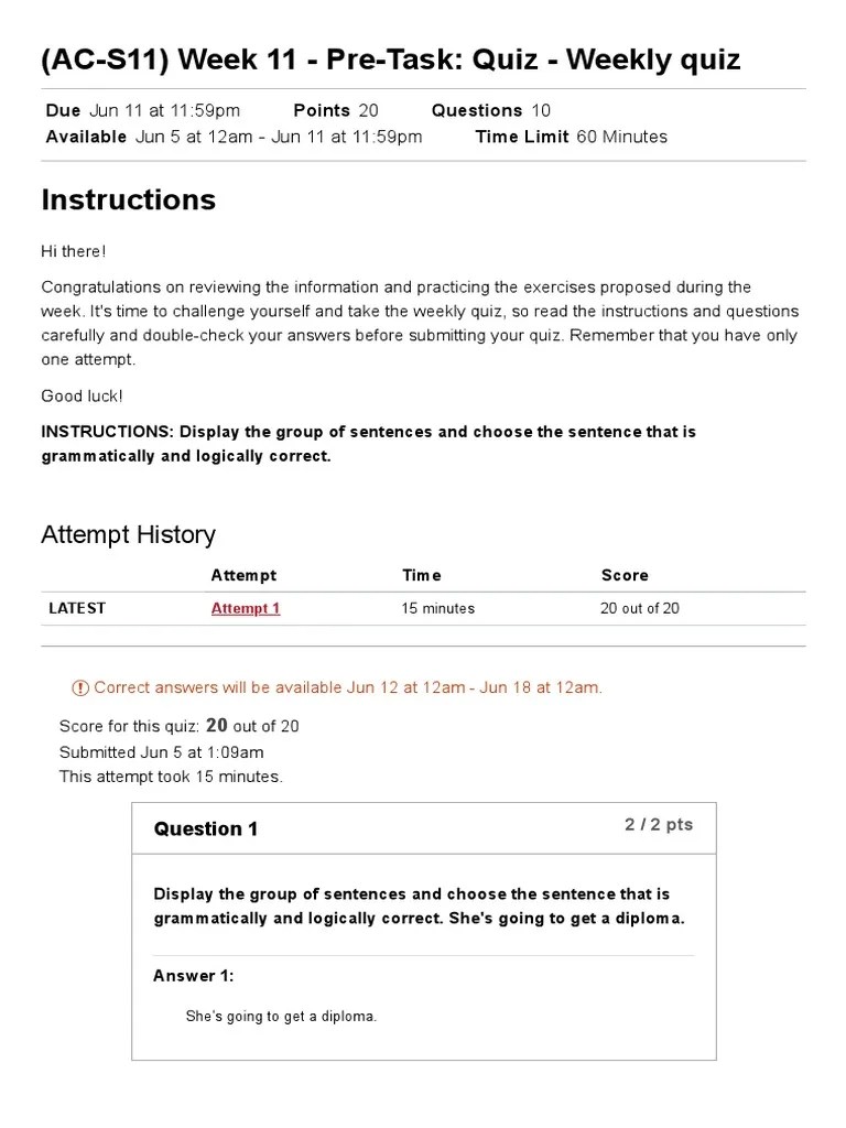 (AC-S11) Week 11 - Pre-Task - Quiz - Weekly Quiz - INGLES IV (6224) | PDF