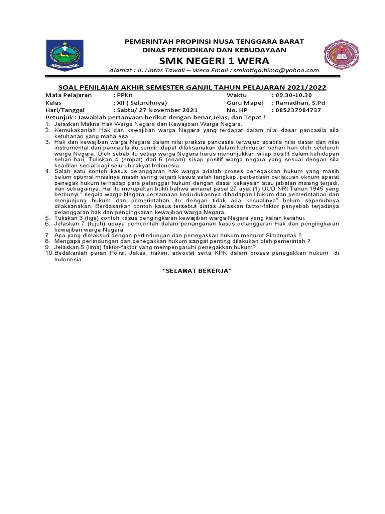 Soal PPKN Pas Ganjil 2021-2022 Kelas Xii | PDF