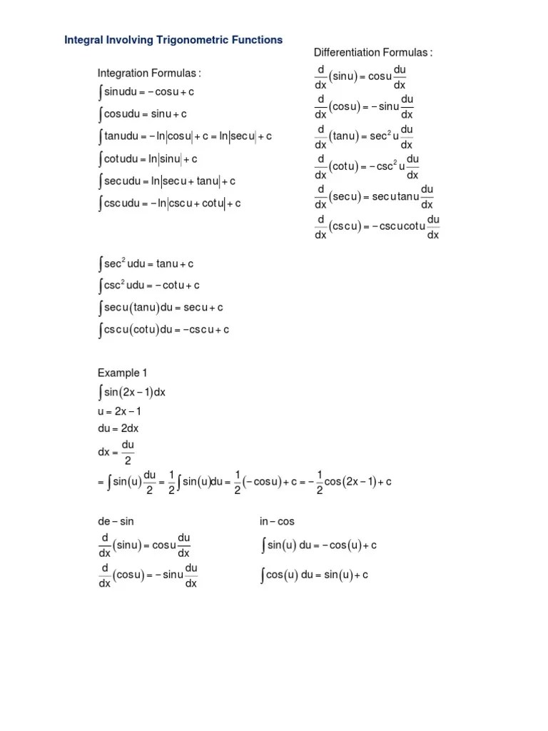 Integral Involving Trigonometric Functions | PDF | Trigonometric ...
