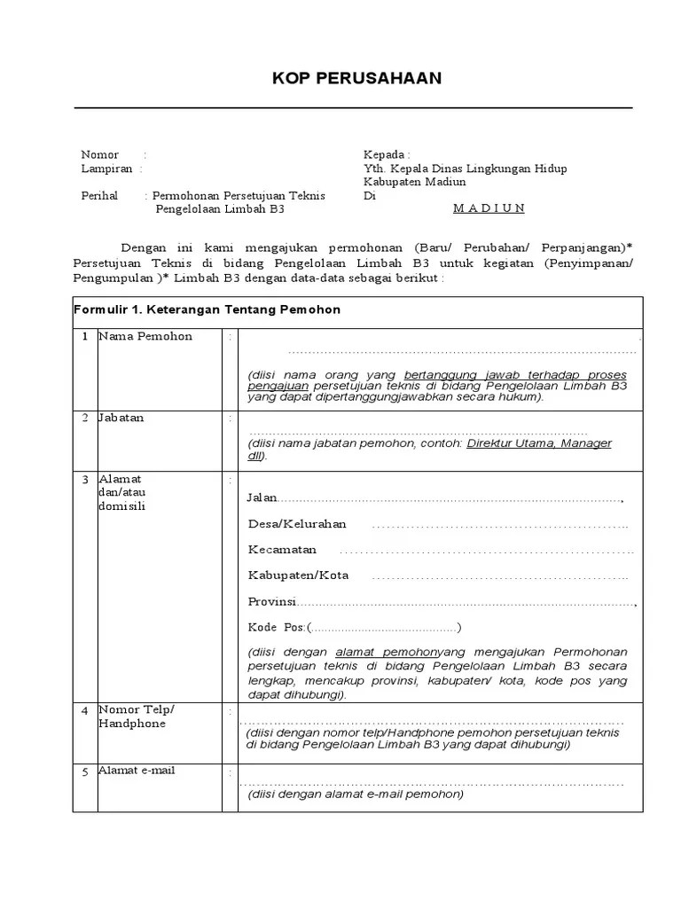 Permohonan Persetujuan Teknis Pengelolaan Limbah B3 | PDF
